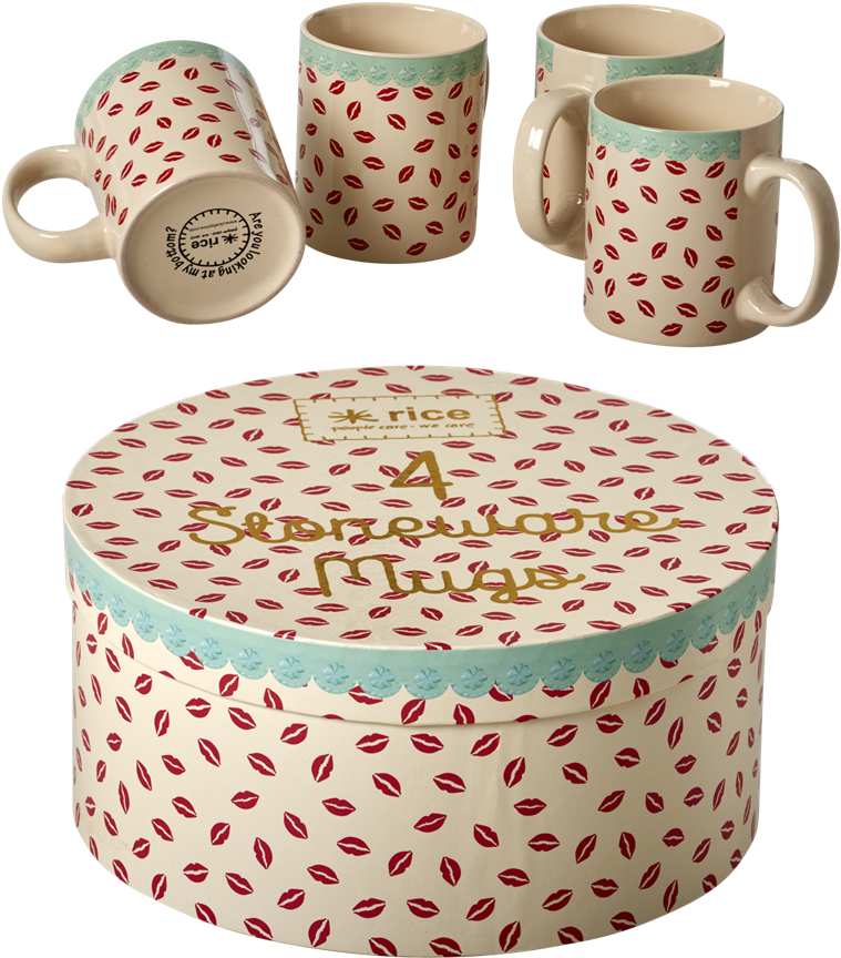 Set Of 4 Kiss Printed Stoneware Mugs By Rice Dk - 4 Kiss Printed Stoneware Mugs In Gift Box Cream By (1024x1024), Png Download