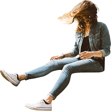 A Woman In Denim With Her Hair In Her Face On A Very - Sitting (450x450), Png Download