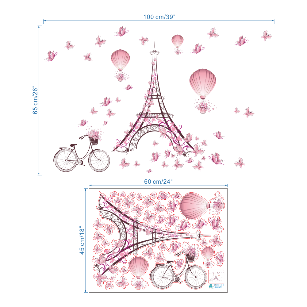 1* Pink Flower Effeil Tower Wall Sticker - Dzt1968 New Butterfly Flower Fairy Beautiful Stickers (1001x1001), Png Download