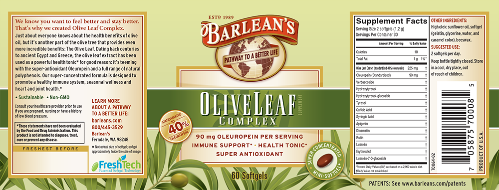 Barlean's - Olive Leaf Complex - 60 Softgels (1000x381), Png Download