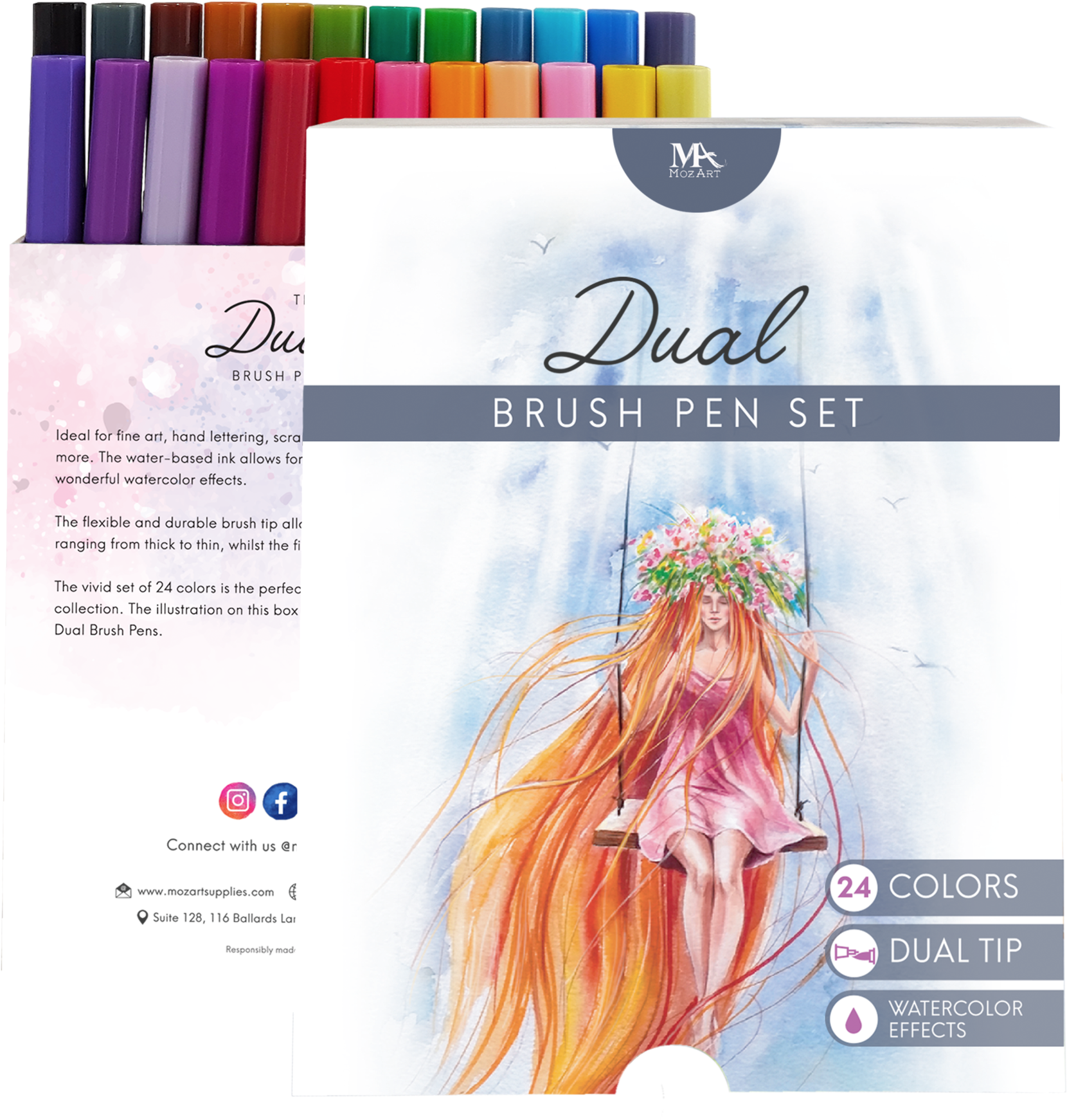 Dual Brush Pens - Mozart Supplies Dual Tip Brush Pen Marker Set - 24 (2048x2048), Png Download