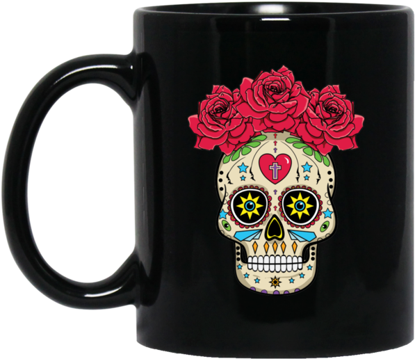 Sugar Skull With Roses Black Mug - Mug (600x600), Png Download