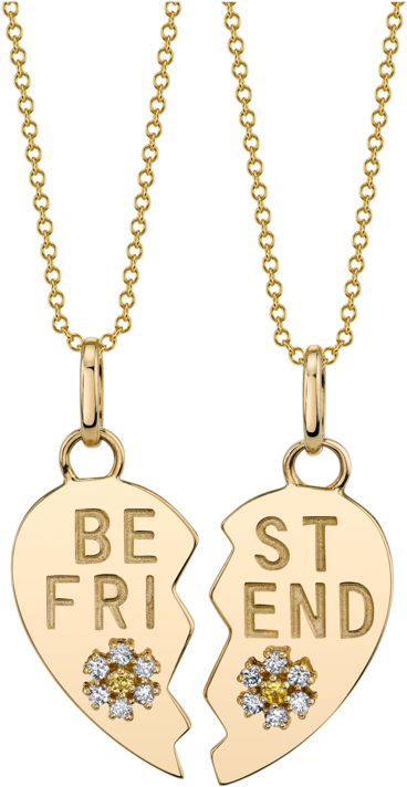 Diamond Best Friend Heart And Flower Pendant Set - Friendship Necklace (750x750), Png Download