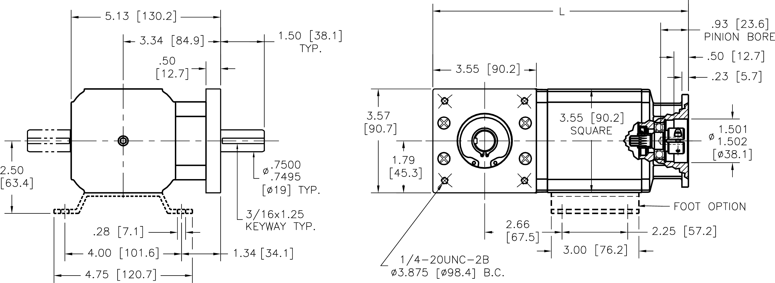 Right Angle Bevel Gearbox Groschopp Motor Outline 73 - Diagram (2934x1073), Png Download