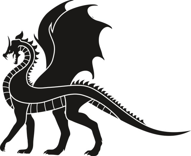 Dragon, Dragoon, Black, No Background, Wings, Tail - Fire Breathing Dragon Black And White Clipart (640x521), Png Download