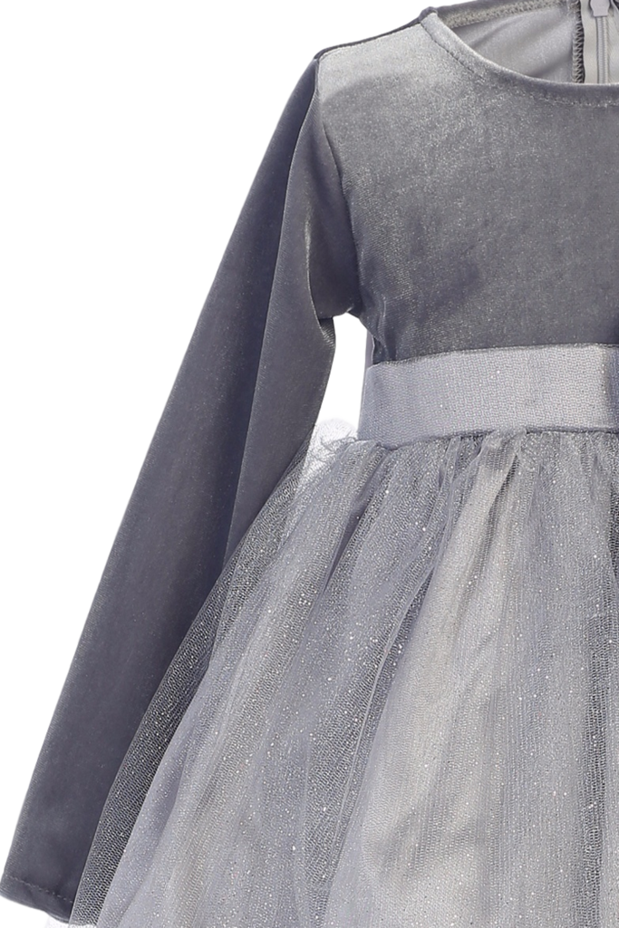 Silver Velvet & Glitter Tulle Girls Christmas Holiday - Samtkleid Emmi Grau Silber Samt Tüll Glitzer Festlich (683x1024), Png Download
