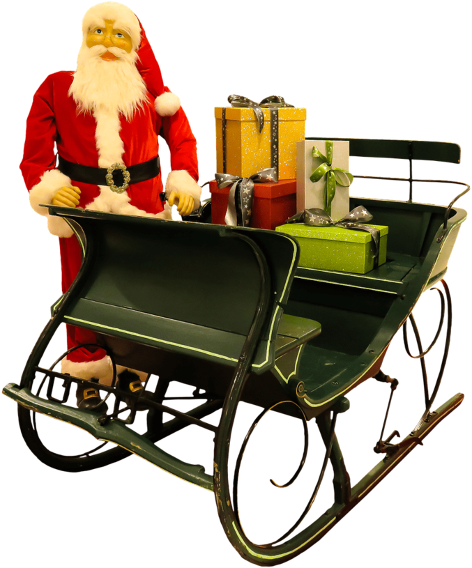 Santa Claus Puppet Next To Sleigh - Santa & Sleigh Transparent Png (800x972), Png Download