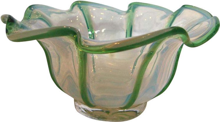 English Opalescent Art Glass Bowl W Green Edges C - Art (746x746), Png Download