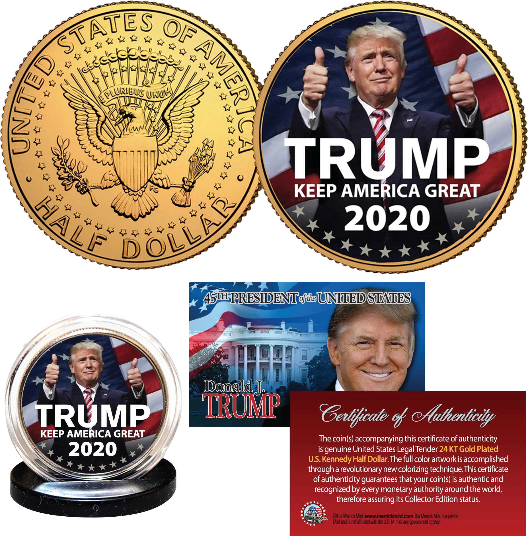 24k Gold Trump 2020 Collector Coin Jfk Half Dollar (2000x2000), Png Download