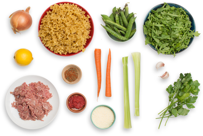 Pork Bolognese & Mafalda Pasta With English Peas & - Salad Ingredients Png (700x477), Png Download