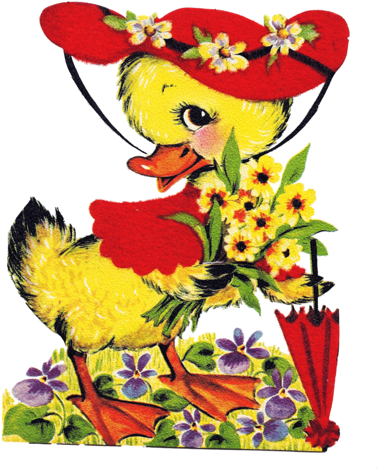 Duck With Red Hat And Umbrella - Clip Art (800x985), Png Download