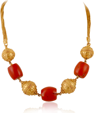 Beaded Coral Gold Ethnic Necklace - Necklace (400x400), Png Download