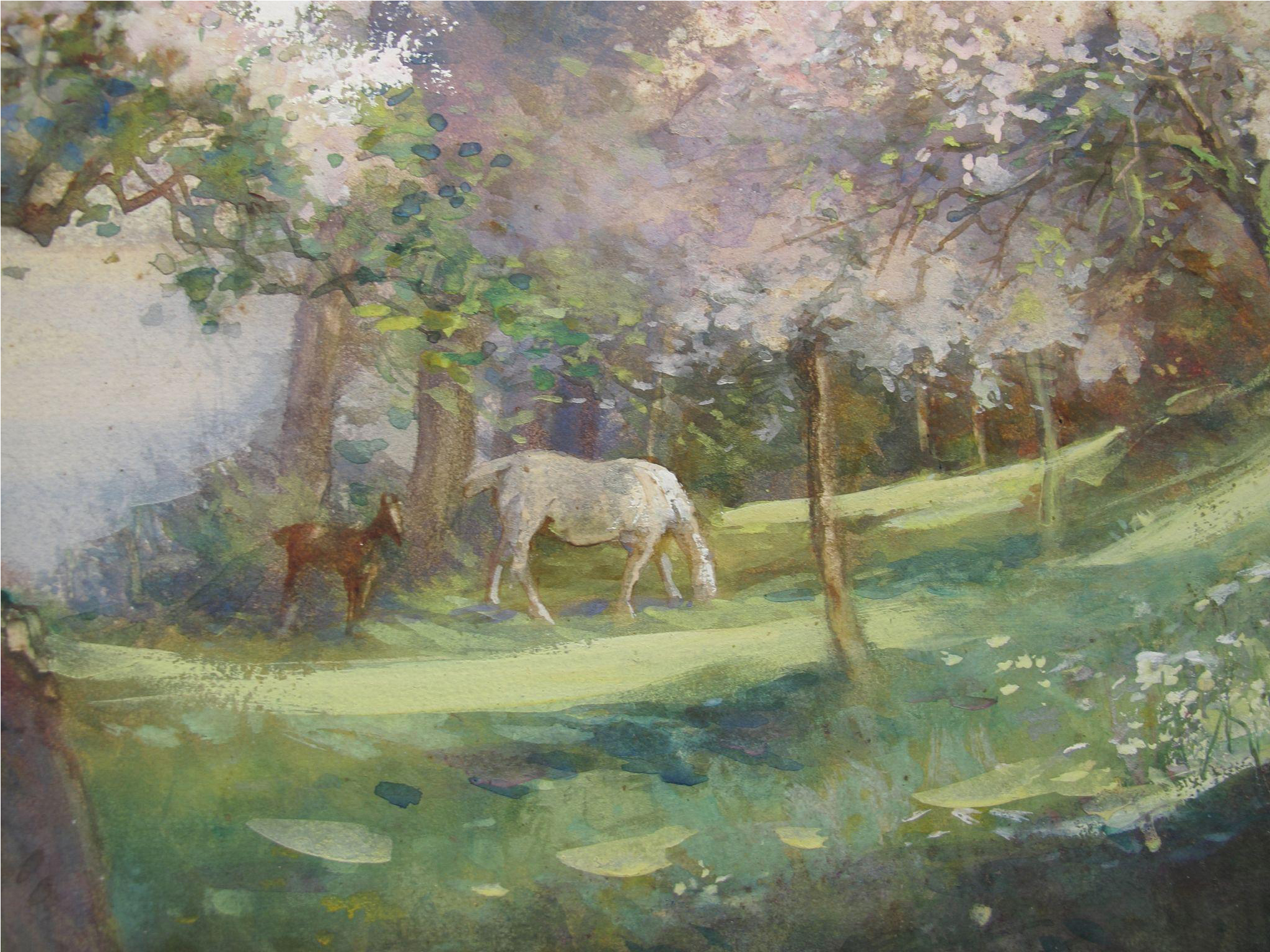 English Watercolour Watercolor Of Horses And Spring - Painting (2048x2048), Png Download