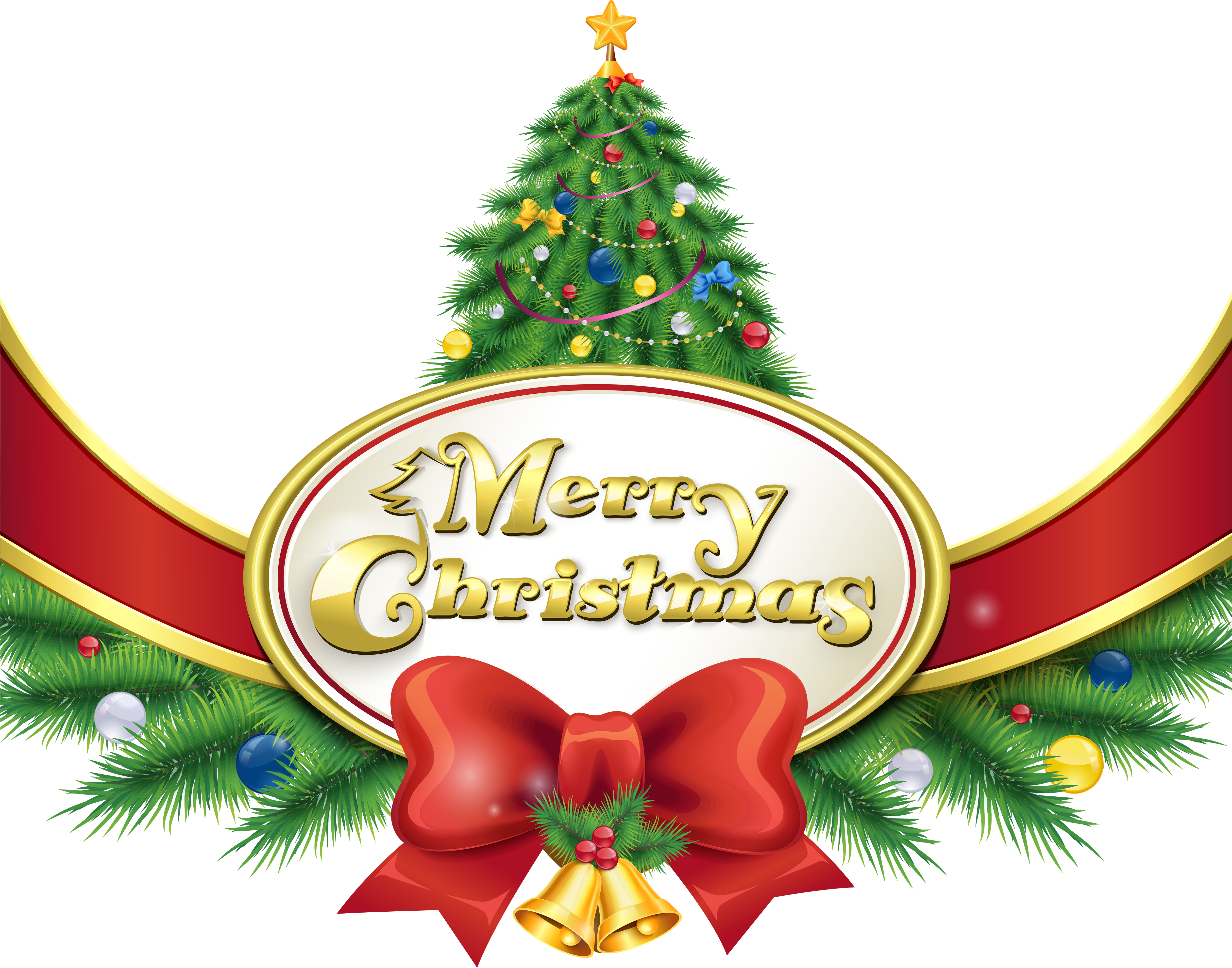 Merry Christmas With Tree And Bow Png Clipart Imageu200b - Christmas Tree Merry Christmas Png (5000x4046), Png Download