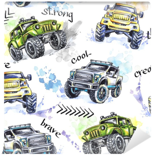 Watercolor Seamless Pattern Cartoon Monster Trucks - Monster Truck (400x400), Png Download