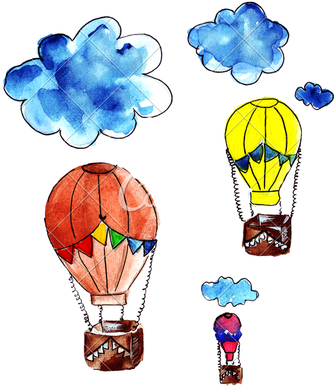 Hand Drawing Of Watercolor Clouds And Flying Balloons - Drawing (689x800), Png Download