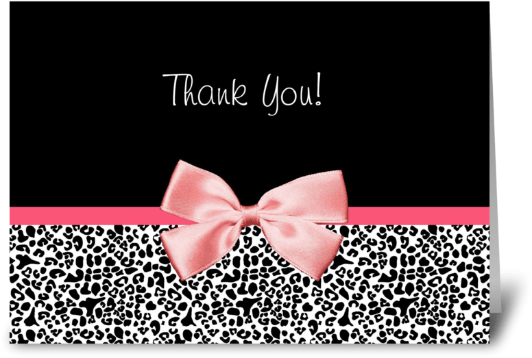 Leopard Print Thank You With Pink Ribbon Greeting Card - Black And Pink Ribbon Background (848x698), Png Download