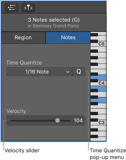 Piano Roll Editor Inspector In Notes Mode, Showing - Piano (546x628), Png Download