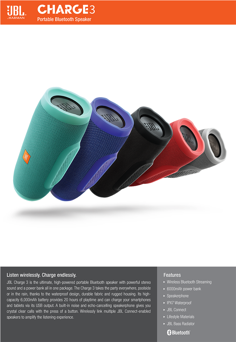 Overview - Jbl Charge 3 Portable Speaker - Wireless - Black (896x1106), Png Download