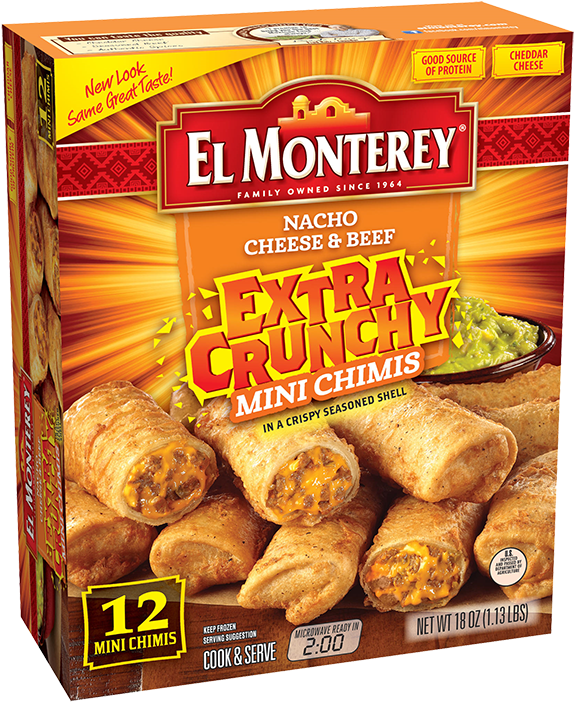 Crunchy Nacho Cheese & Beef Chimichangas - El Monterey Extra Crunchy Mini Tacos, Beef (600x726), Png Download