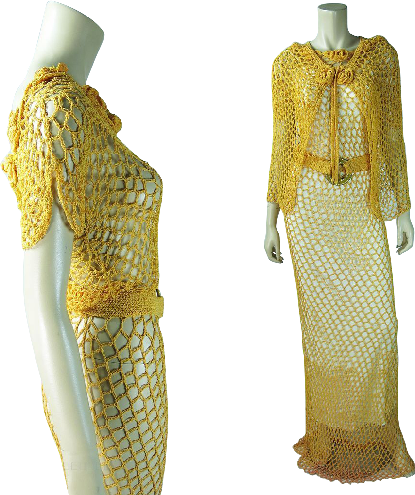 1930's Orange Fishnet Evening Dress With Cape, Belt (1018x1018), Png Download