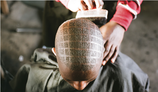 Man In Barbers Chair - South African Township Barbershops & Salons (1100x384), Png Download