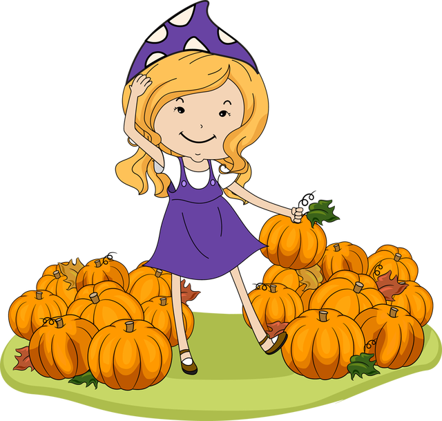 Girl Pumpkin Clipart Clip Royalty Free Download - Girl In Pumpkin Patch Cartoon (640x609), Png Download