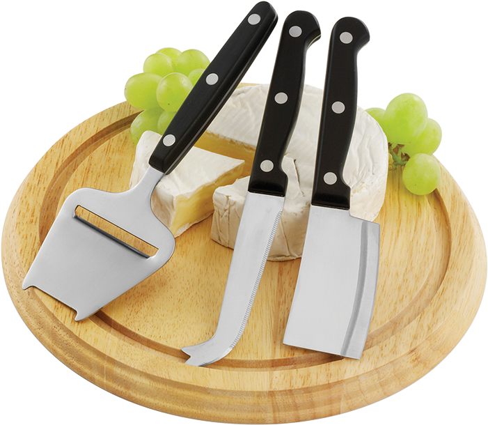 Wooden Cheese Board With 3 Knives, - Sajtszeletelő Készlet (700x700), Png Download