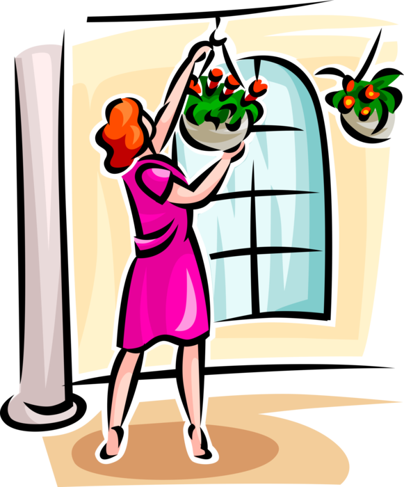 Vector Illustration Of Woman With Hanging Basket Flowering - Porch (581x700), Png Download