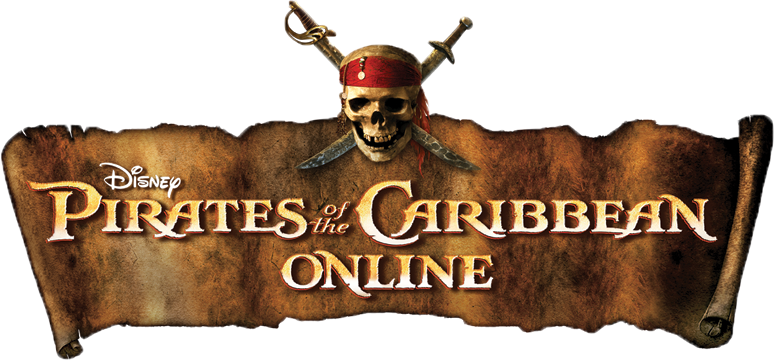 Potco Logo Scroll Skull Hor - Pirates Of Caribbean Logo Png (774x360), Png Download