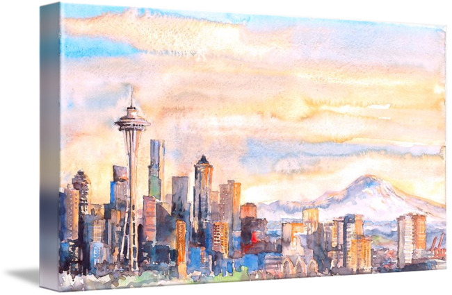 Picture Royalty Free Download Skyline In Sunrise By - Sunrise In Seattle Painting (650x425), Png Download