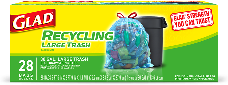 Recycling Large Trash Drawstring Blue Bags - Glad Recycling Drawstring Large Trash Bags Blue 30 (784x294), Png Download