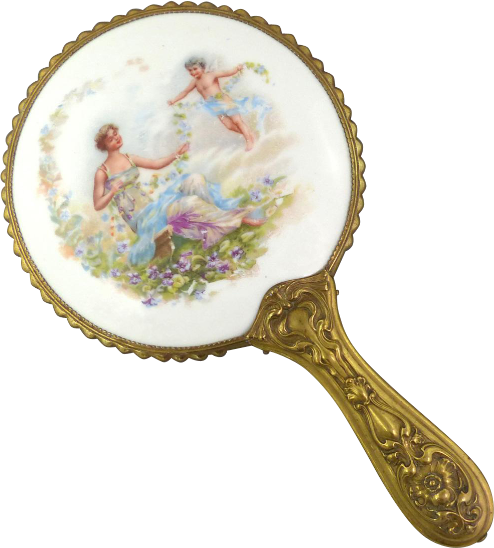 Beautiful Antique Hand Held Limoges Vanity Mirror In - Porcelain (1092x1092), Png Download