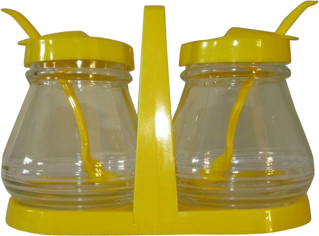 Hazel-atlas Glass Condiment Jars Yellow Plastic Spoons - Serveware (698x698), Png Download