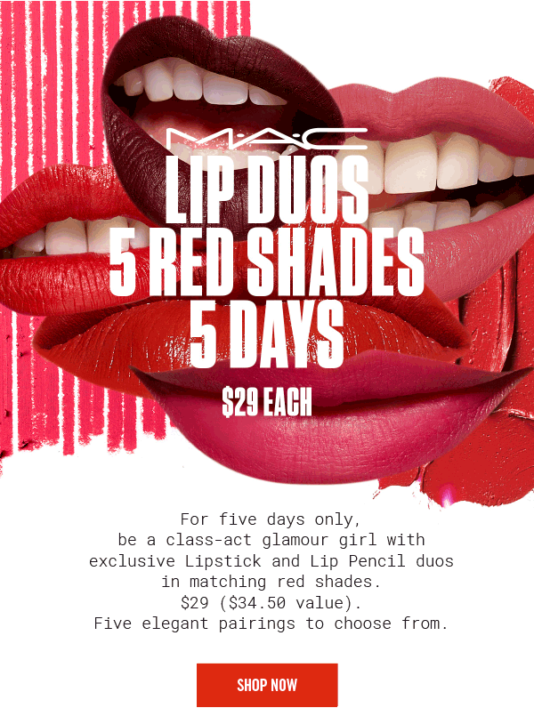 Mac 5 Red Shades, 5 Days For Five Days Only, - Mac Ladies' Pro Longwear Lip Pencil (600x796), Png Download