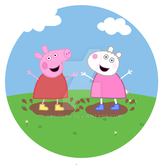 Peppa And Suzy Jumping In Puddles By - Cartoon (1024x759), Png Download