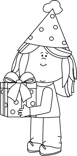 Black And White Birthday Girl With Gift - Black And White Birthday Girl Clip Art (248x500), Png Download