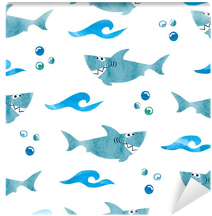 Seamless Pattern With Cartoon Watercolor Sharks - Cartoon Shark Background (400x400), Png Download