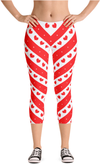 Red And White Stripes With Romantic Hearts Capri Leggings - Happy Double Hooded Pied Frenchie Capri Leggings (600x600), Png Download