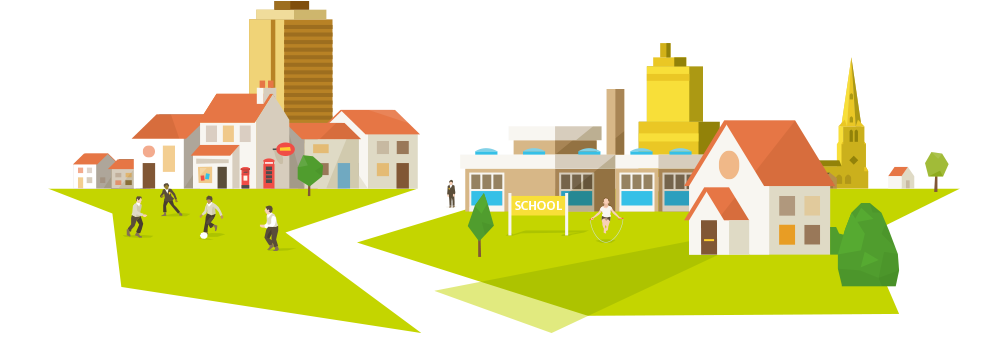 A Residential Landscape, With A Church, School, Office - Efficiency (1006x462), Png Download