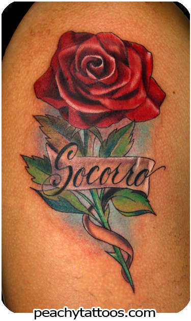 Wonderful Rose Banner Tattoo - Red Rose With Name Tattoo (400x651), Png Download