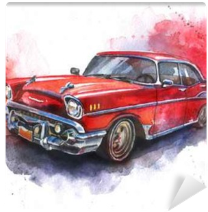 Watercolor Hand Drawn Old Fashioned Red Car Wall Mural - Carro Dibujo Acuarela (400x400), Png Download