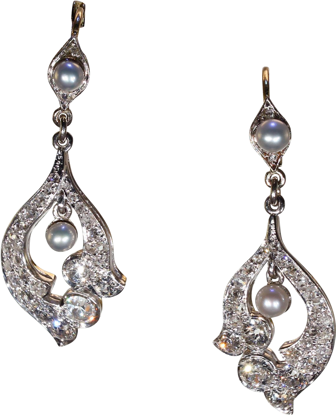 Antique Edwardian Diamond Pearl Earrings 18k Gold Platinum (1370x1370), Png Download