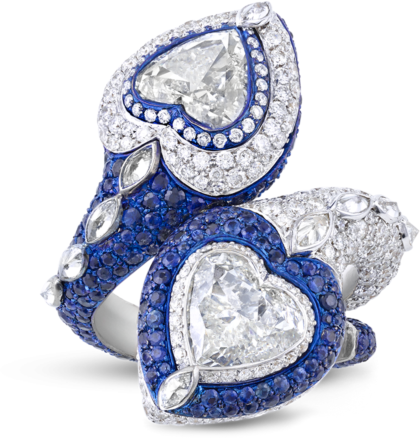 Heart-shaped Diamond And Sapphire Bypass Ring - Ring (2500x2000), Png Download