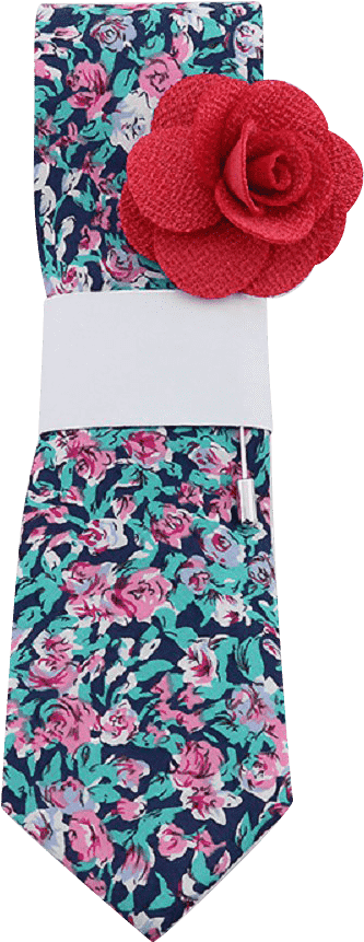 Navy Tie With Bright Floral Print & Red Lapel Pin - Necktie (1000x1000), Png Download