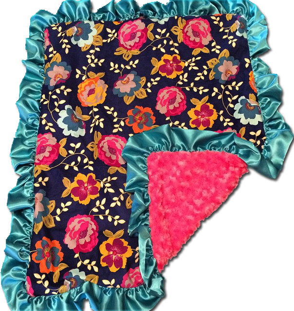 Pink & Floral Print Blanket With Blue Trim - Linens (604x640), Png Download