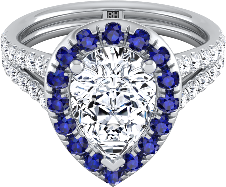 Pear Shape Engagement Ring With Sapphire-accented Halo (1200x1200), Png Download