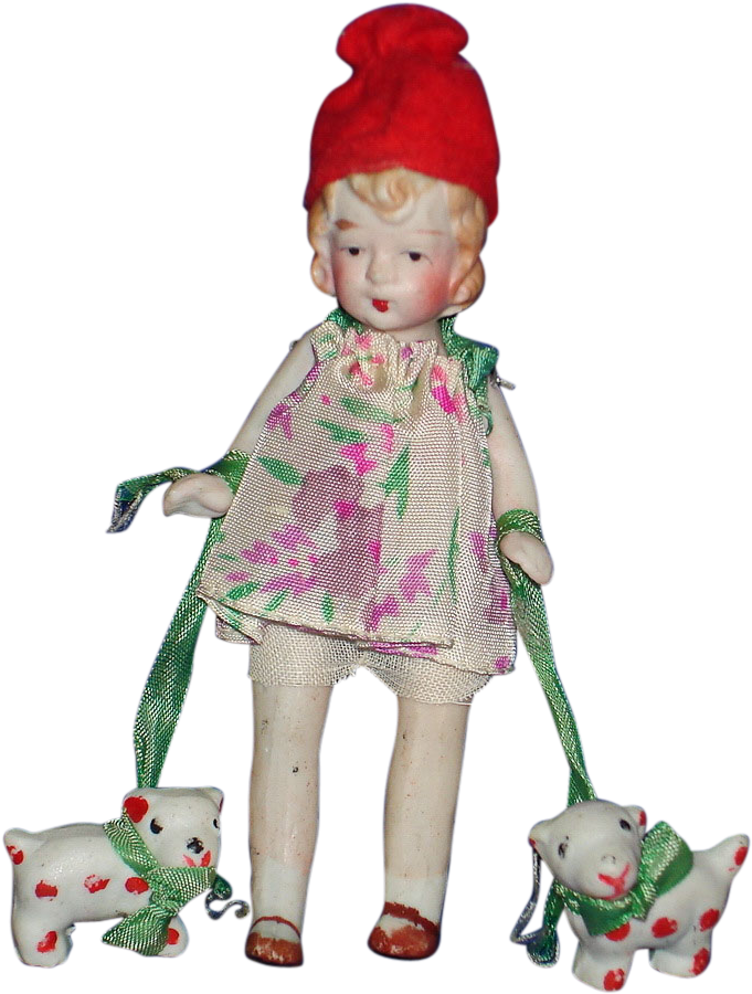 Japan Girl Walking Dogs Japan Bisque Vintage - Doll (899x899), Png Download