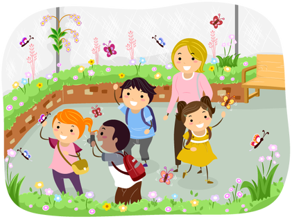 Teacher And Students On Field Trip (421x316), Png Download