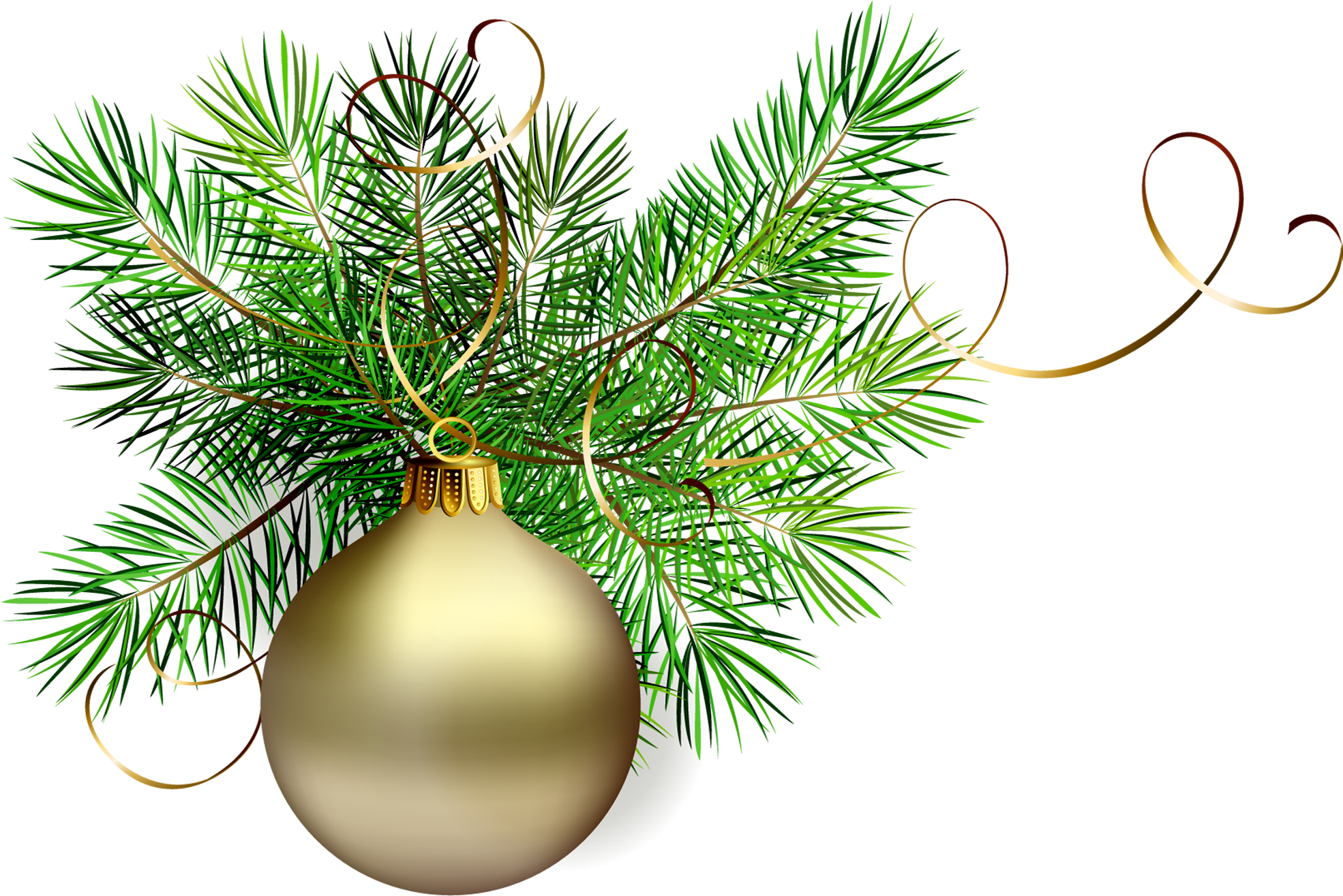 Transparent Gold Christmas Ball With Pine Clipart M=1381356000 - Christmas Tree Branch Png (1990x1367), Png Download